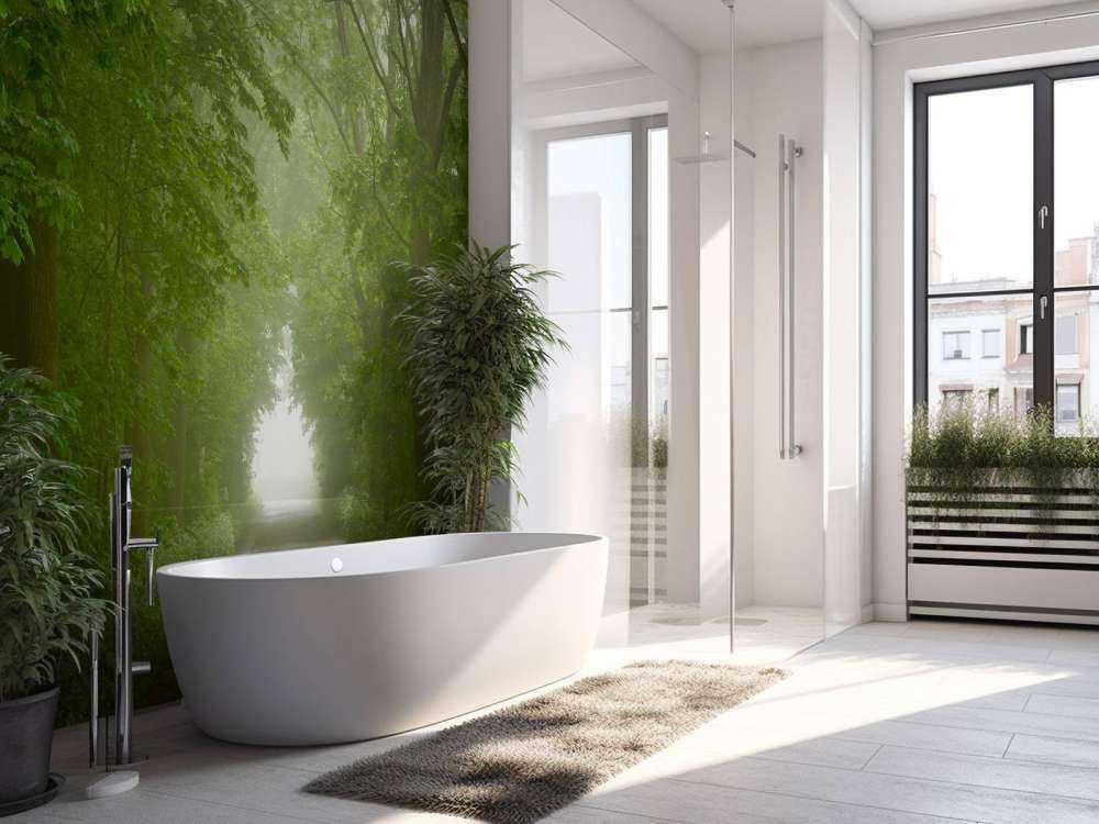 Foresta verde con sentiero nebbioso