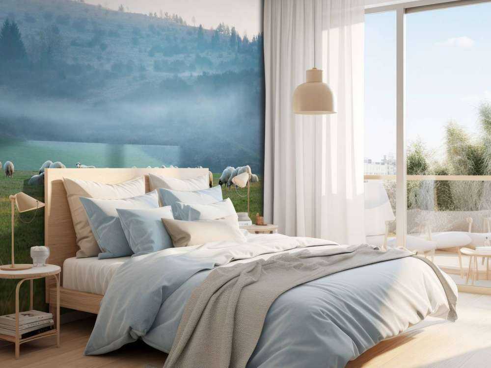 Gregge di pecore con paesaggio nebbioso