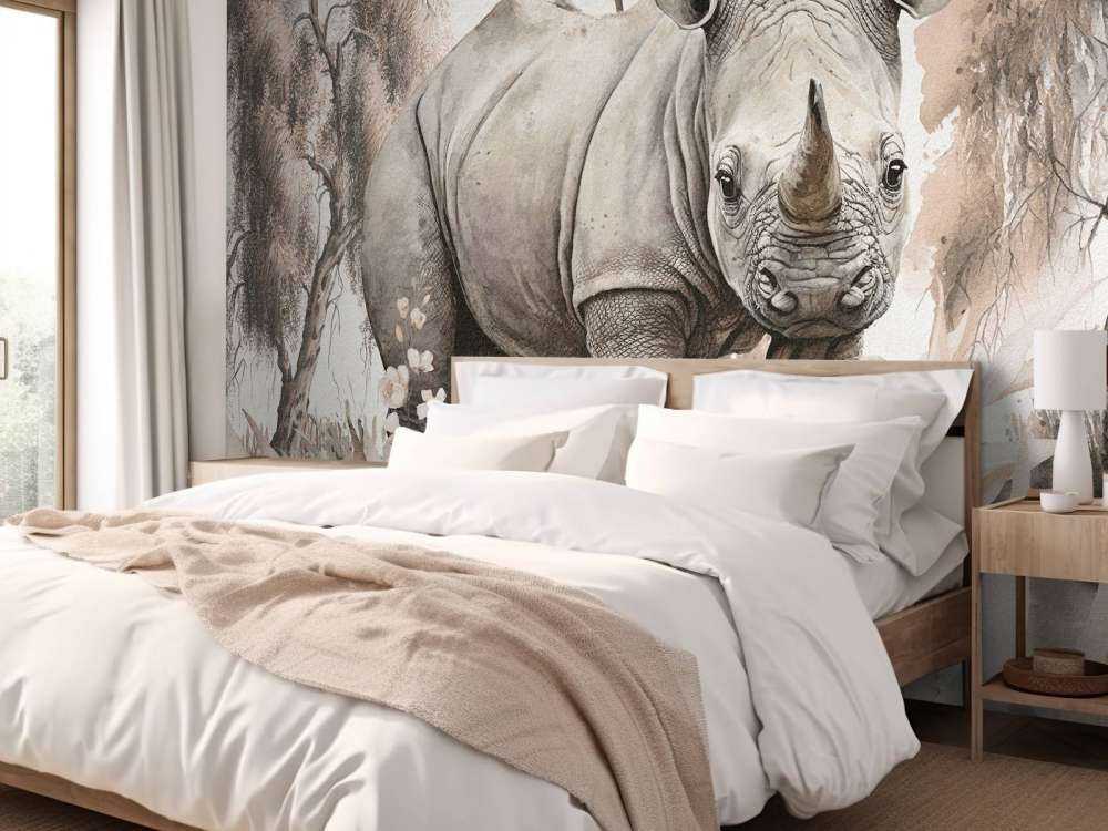 Cucciolo di rinoceronte nella savana grigio scuro