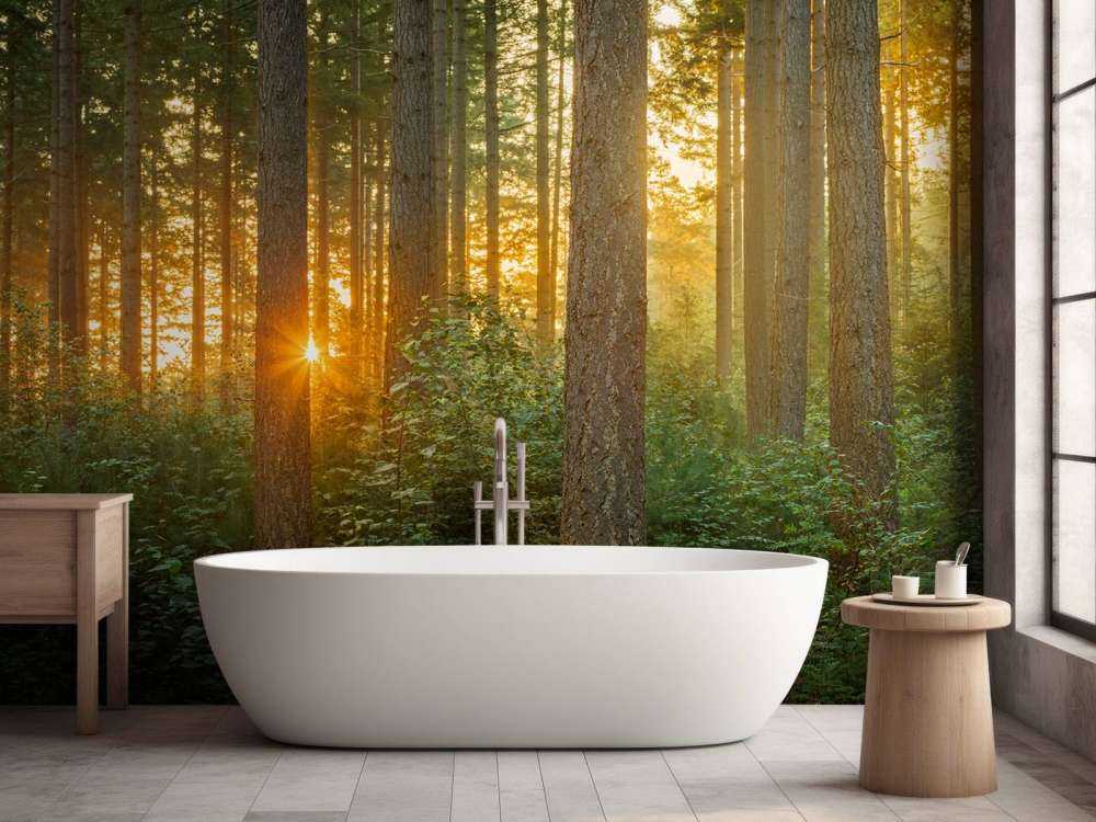 Raggi di sole in una foresta di conifere