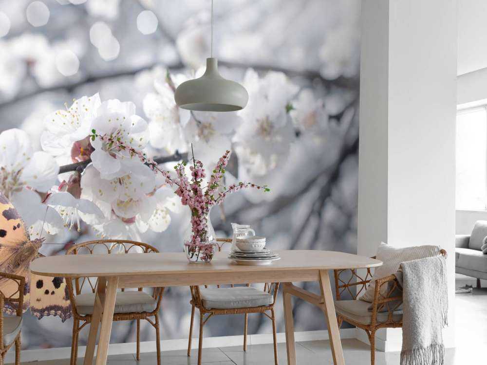 Farfalla con fiori bianchi