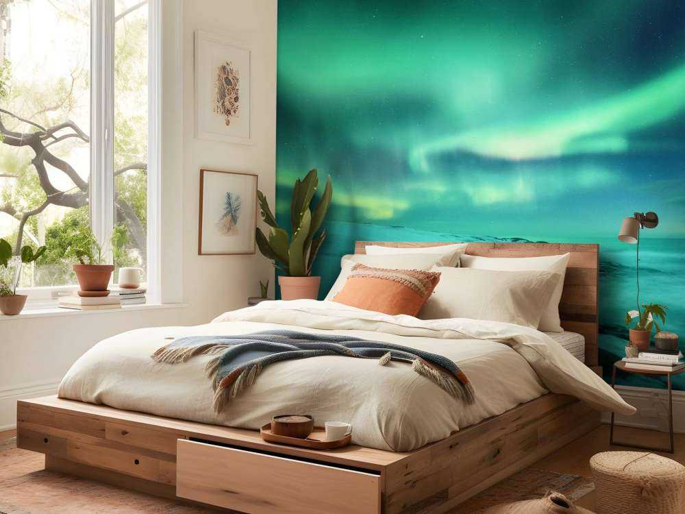 Aurora boreale verde sopra le rocce innevate