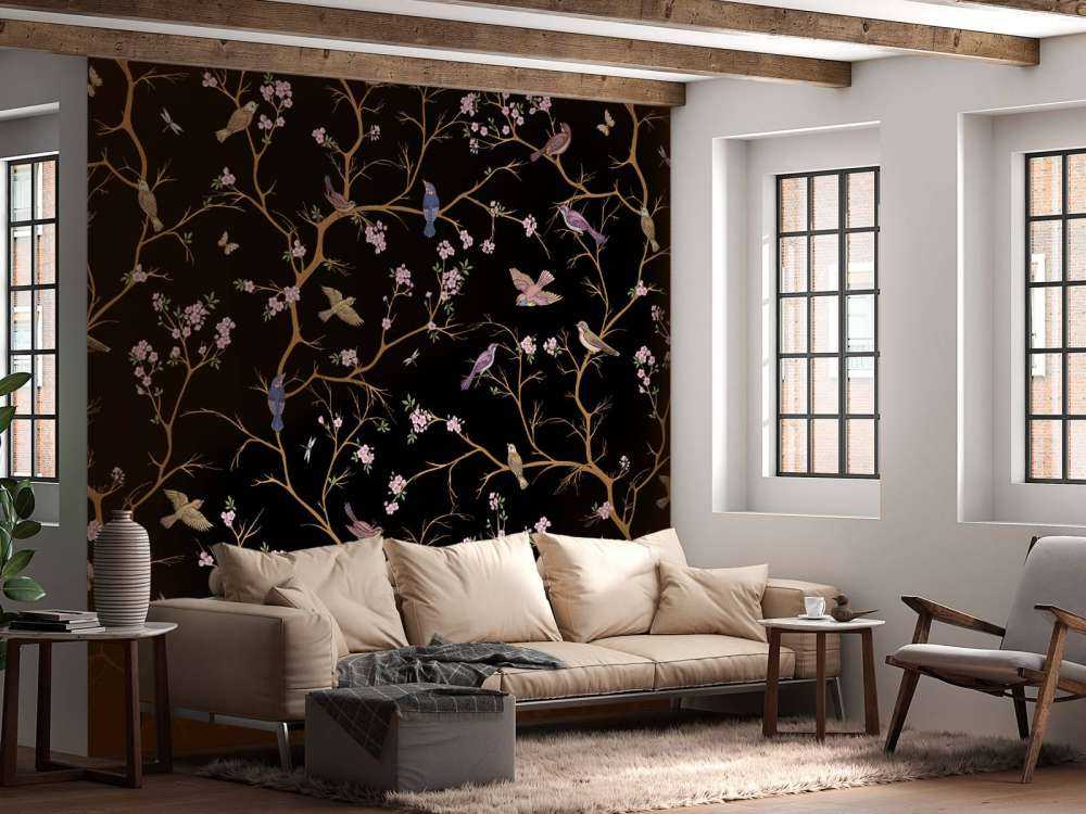 Rami fioriti con uccelli