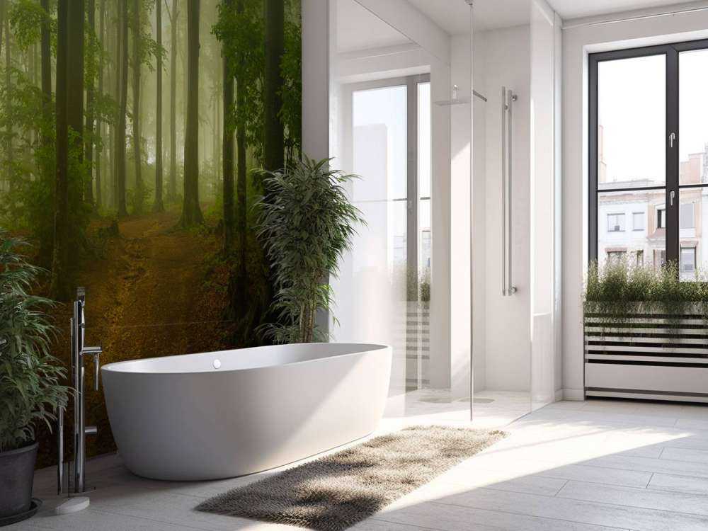 Sentiero attraverso la foresta verde nebbioso