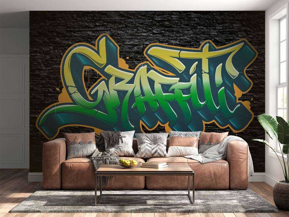 Graffiti su un muro di mattoni neri