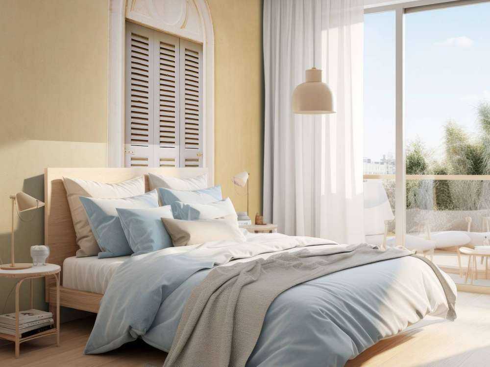 Finestra con persiane in legno su parete gialla