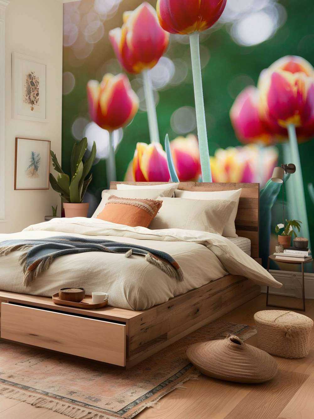 Rosso con tulipani gialli