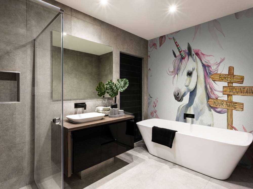 Baby unicorno con piante rosa