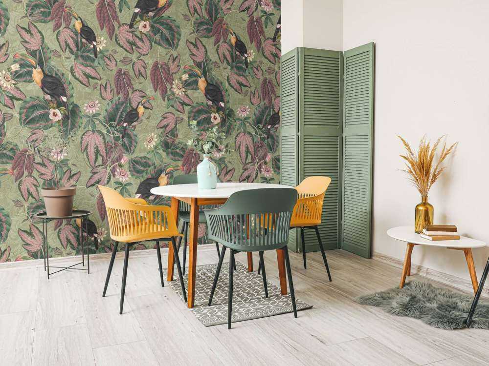 Uccelli e tucani della giungla tropicale - verde salvia