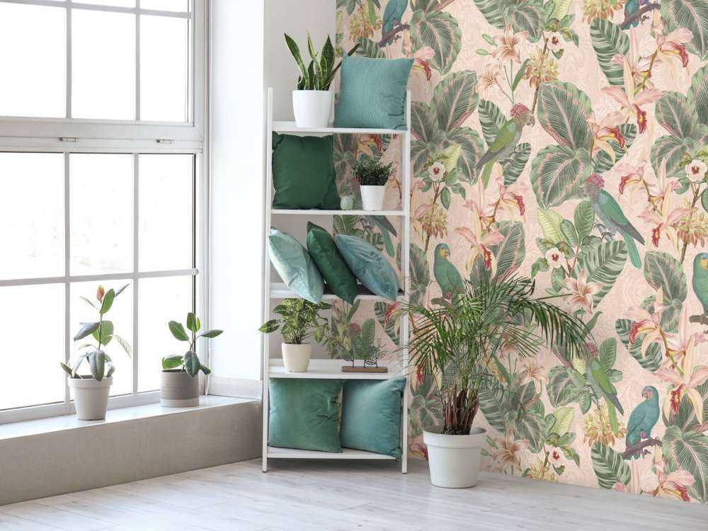 Uccelli e pappagalli della giungla tropicale - rosa tenue