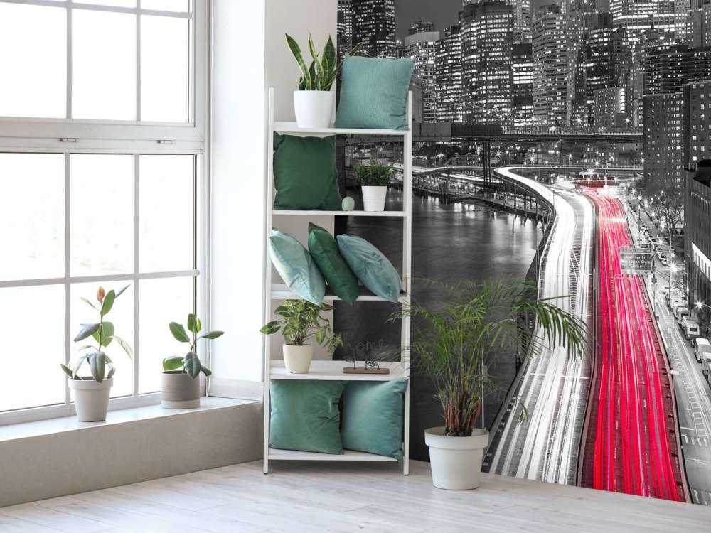 Strip lights on streets of Manhattan by east river, New York