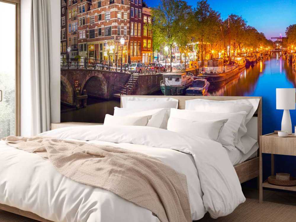 Evening view of Amsterdam city and canals