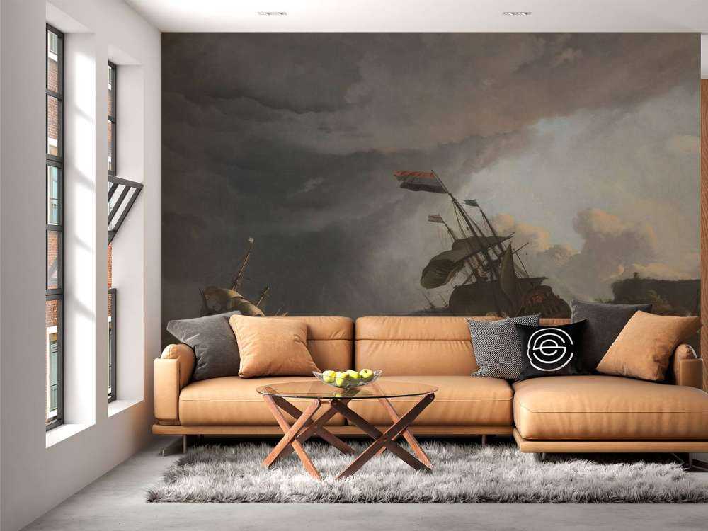 Navi da guerra durante una tempesta