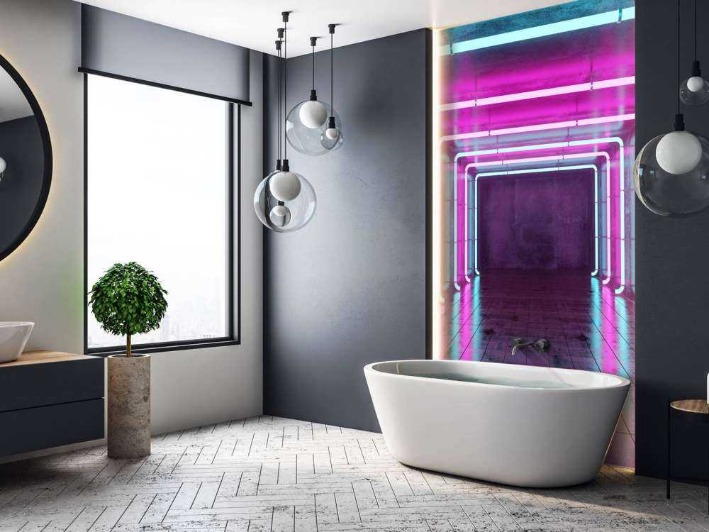 Stanza di cemento con luci al neon