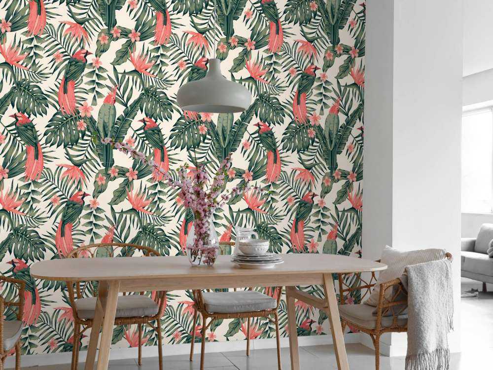 Piante tropicali, fiori e uccelli