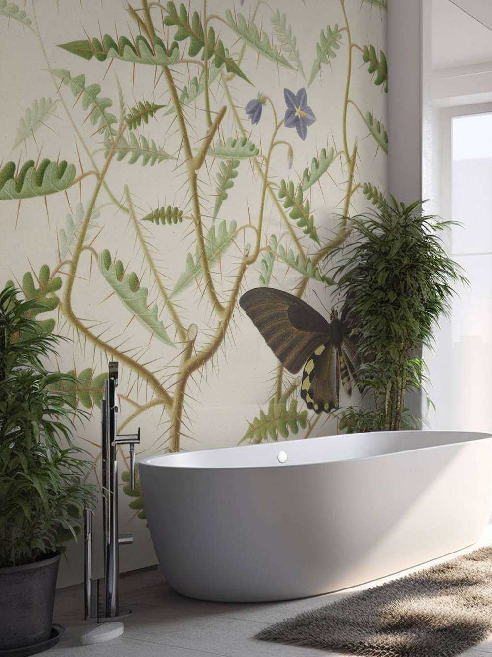 Un arbusto in fiore con due farfalle esotiche